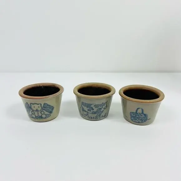 Vintage Miniature Stoneware Crocks Glazed Set of 3 Blue Basket Bear Cow - Picture 2 of 8